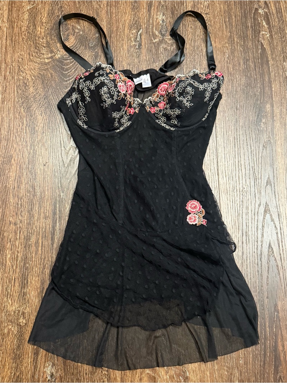 Enchanted Y2K Black Chiffon Cute Flirty Lace Floral Strappy Short Dress Sz.L
